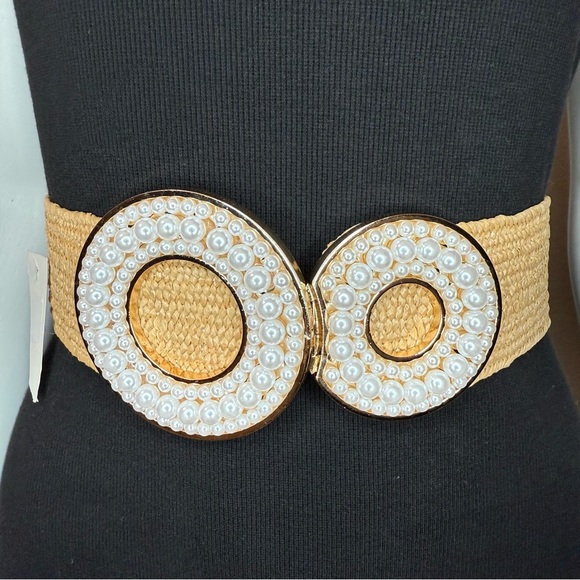 Natural color stretchy paper waistband belt with faux pearls accents - Picture 1 of 9